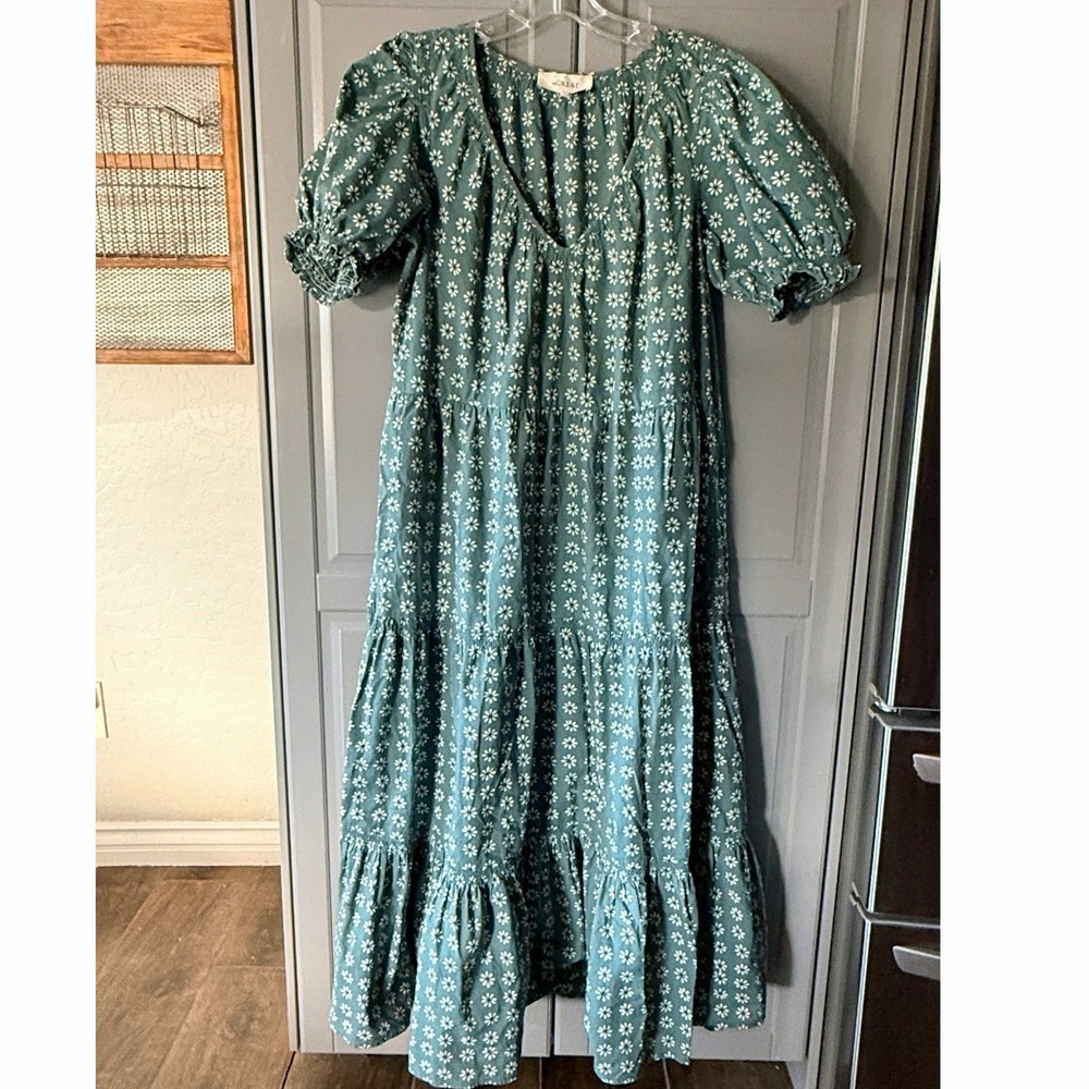 The GREAT. Women's The Dakota Palm Leaf Bandana Floral Tiered Maxi Dress,Sage,3